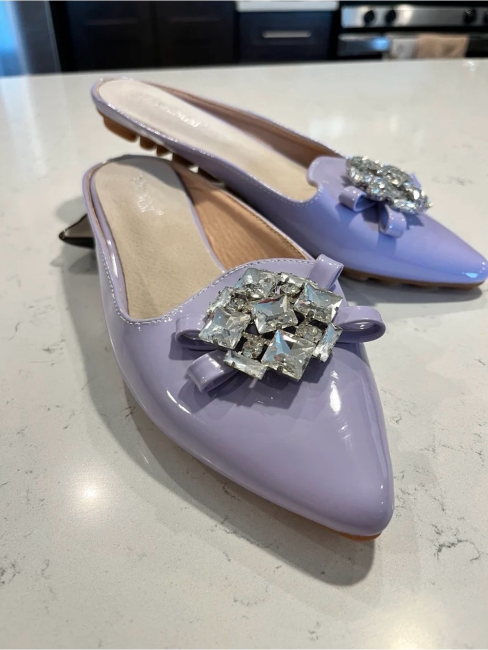 NWOT Lilac Patent Leather Pointed-Toe Jewel Embellished Mule by Taomengsi